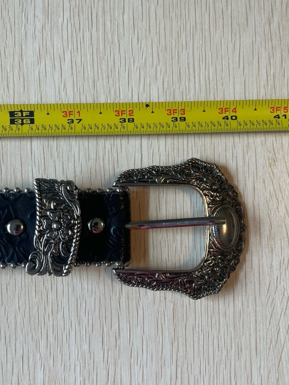 Vintage Black Tooled Leather Belt with Ornate Silver Buckle